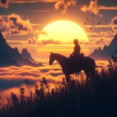 The sight of the evening sunset riding a horse in a pretty place, a person in a black silhouette, a dreamy atmosphere, Generative AI