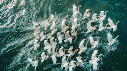 Aerial view of flock of swans - obrazy, fototapety, plakaty