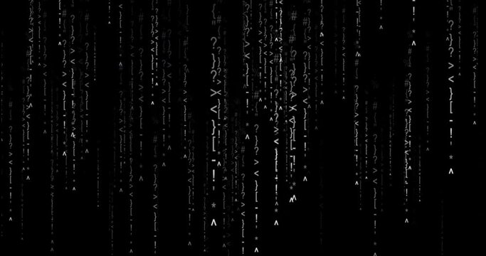 Rain of symbols on black background. Raining code effect animation. Background with glowing digits as source code for encryption and digitally virus for software data in cyberspace technology secure.