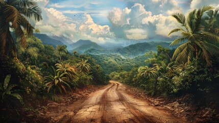 Fototapeta premium Dirt road cutting through lush jungle