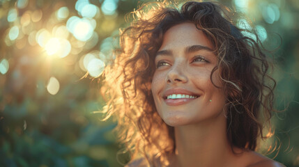 Close up side portrait of beautiful confident woman laughing in nature.