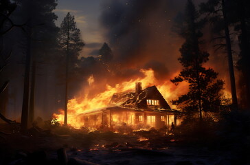 a burning house in a forest, generative ai