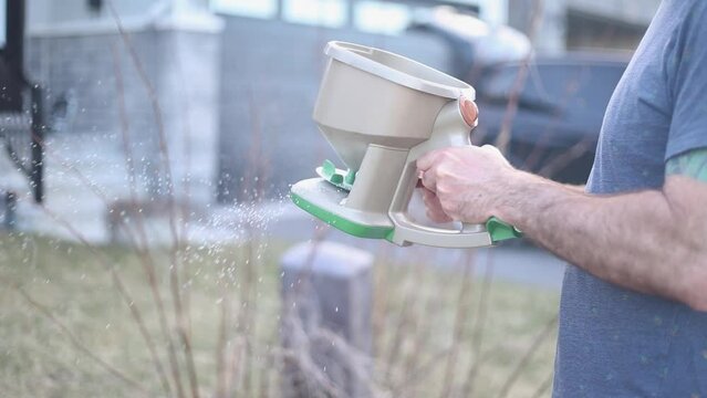 Man Fertilizing Lawn with Handheld Spreader. Close-up of a man's hands using a manual seed spreader to fertilize a grass lawn.
