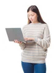 Fototapeta premium Young Chinese woman over isolated background using computer laptop with a confident expression on smart face thinking serious