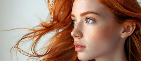 close up portrait of a beautiful woman with red head, orange hair and blue eyes