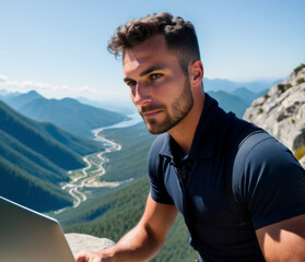 Fototapeta na wymiar Close-up of a digital nomad working from a mountaintop, laptop on lap and breathtaking view in the background. AI generated.