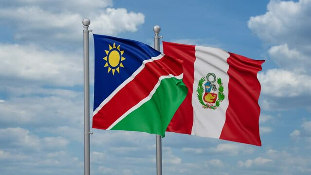 Peru and Namibia two flags waving together, looped video, two country cooperation concept