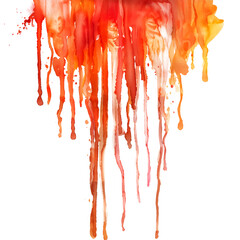 Orange and red dripping watercolor paint stain on transparent background.