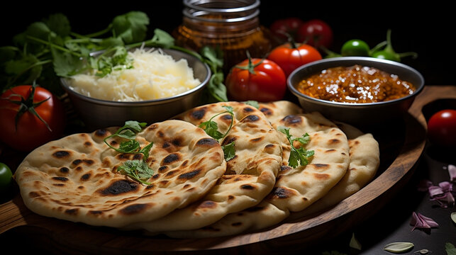 Wide traditional Indian food recipe banner mage, detailed closeup photo of naan bread on a tray with gravies and curries around in dark background 
