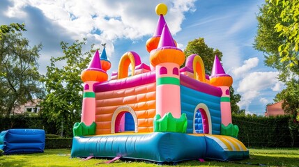 Colorful inflatable castle in a green garden on a sunny day in high resolution and high quality. concept games for children, fun, children - obrazy, fototapety, plakaty