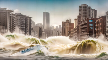 Natural Disaster and Climate Change Concept. Cityscape Devastated by a Tsunami. City Flooded by Huge Waves and Stormy Seas.