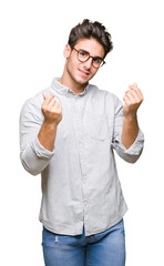 Young handsome man wearing glasses over isolated background Doing money gesture with hand, asking...