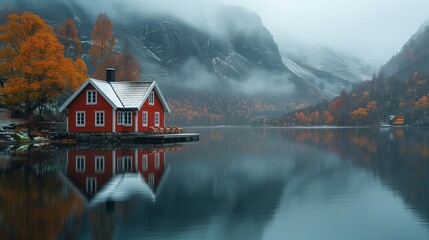 A red house sits on a dock in front of a lake