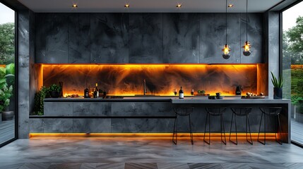 A kitchen with a counter and a bar with black stools