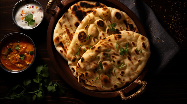 Wide traditional Indian food recipe banner mage, detailed closeup photo of naan bread on a tray with gravies and curries around in dark background 