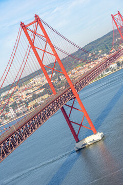 pillars of the 25 de Abril suspension bridge or Salazar bridge with inclined framing.Almada-Portugal