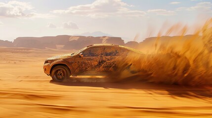 A car, its frame woven from sand, moves gracefully across the desert terrain.8K UHD, High...