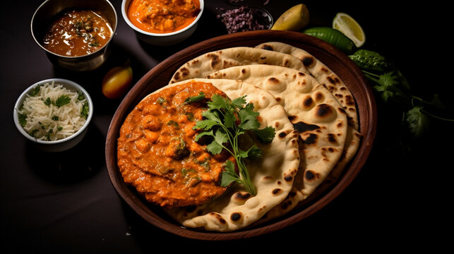 Wide traditional Indian food recipe banner mage, detailed closeup photo of naan bread on a tray with gravies and curries around in dark background 