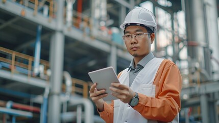 Asian man engineer is standing at plant the production of concrete. Confident asian engineer man Using tablet for checking and maintenance to inspection new project. copy space for text.