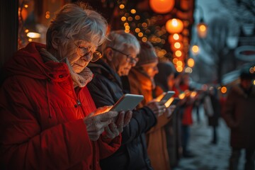 Fototapeta premium Senior citizens engrossed in their phones, unaware of the bustling Christmas market around them