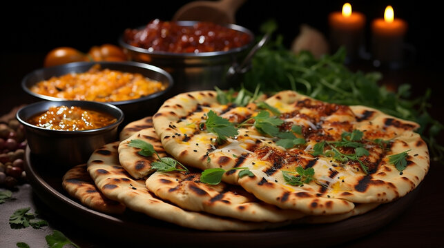 Wide traditional Indian food recipe banner mage, detailed closeup photo of naan bread on a tray with gravies and curries around in dark background 
