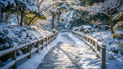 Obraz premium Snowy path in Japanese garden with trees and snow