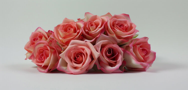 A cluster of freshly cut pink roses forms a captivating floral arrangement against a clean white background, their soft hues and delicate fragrance captured in stunning HD clarity by the camera