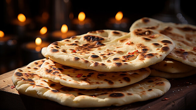 Wide traditional Indian food recipe banner mage, detailed closeup photo of naan bread on a tray with gravies and curries around in dark background 