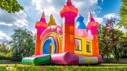 Cute colorful inflatable castle in a green garden on a sunny day in summer
