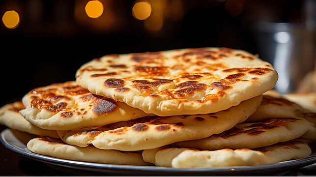 Wide traditional Indian food recipe banner mage, detailed closeup photo of naan bread on a tray with gravies and curries around in dark background 