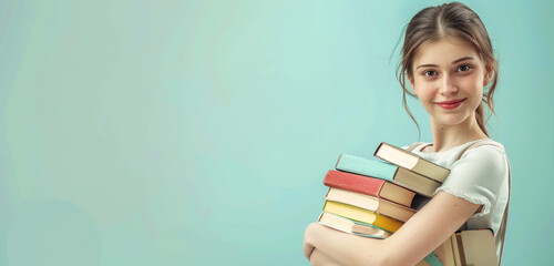 A young woman holding a stack of books in her arms, with a serene expression on her face, set against a soft light blue background, conveying the joy of reading and learning