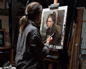 Experience the creation of timeless art as an artist brings life to canvas in a studio portrait painting session.