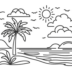 One continuous line drawing of beach with palm tree. Abstract tropical landscape with sea and clouds in simple linear style. isolated on white background