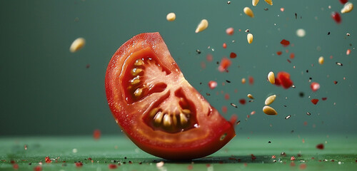 High-speed capture of a tomato cut in half, suspended against a flat green surface, with seeds and pulp suspended in mid-air, creating a visually captivating image for culinary marketing
