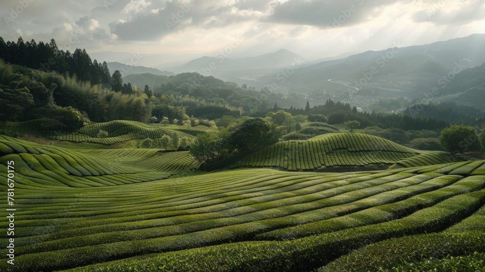 Sticker Tea plantation in mountain under cloudy sky