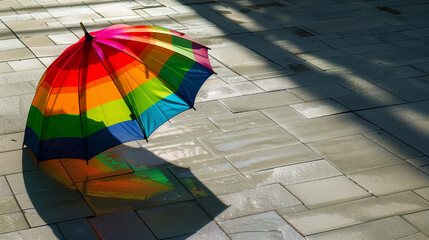 Rainbow umbrella casting shadows, abstract play of light and color