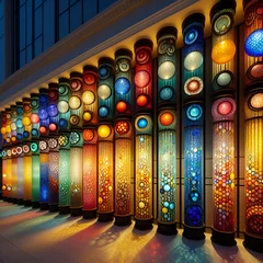 Fotobehang Mosaic Lit Cylinder, Turkish Floor, Arabic, Chinese Lamps, Lanterns, Lights, Columns of Scattered Colorful Glass Circles on a Wall. Traditional Festival Arts & Crafts Enchantment Bazaar Under the Sea. © Frank