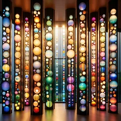Foto op Plexiglas Mosaic Lit Cylinder, Turkish Floor, Arabic, Chinese Lamps, Lanterns, Lights, Columns of Scattered Colorful Glass Circles on a Wall. Traditional Festival Arts & Crafts Enchantment Bazaar Under the Sea. © Frank