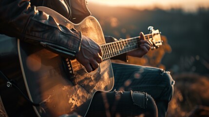 Serene Sunset Acoustic Guitar Session in Nature Outdoor Setting