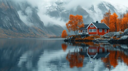 A red house sits on a lake with a view of mountains in the background