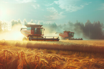 Obraz premium Harvesters work in the field harvesting wheat. Agricultural industry.