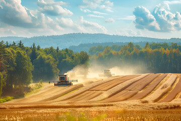 Naklejka premium Harvesters work in the field harvesting wheat. Agricultural industry.