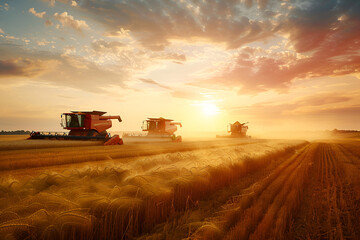 Fototapeta premium Harvesters work in the field harvesting wheat. Agricultural industry.