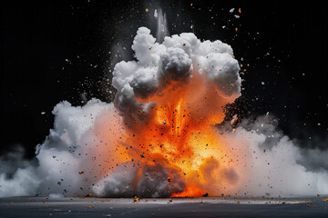 A large explosion is depicted in the image, with a lot of debris and smoke - obrazy, fototapety, plakaty