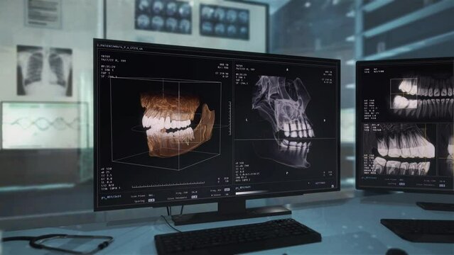 Examining the x-ray analysis imaging of the patient teeth condition. Orthodontology computer software deals with dental Imaging x-ray analysis. Imaging x-ray analysis of the damaged mouth cavity.