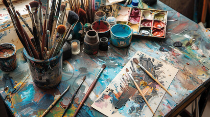An artist's workspace filled with creative tools, including brushes, paints, and sketchbooks