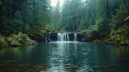 Waterfall in a tranquil forest setting with trees
