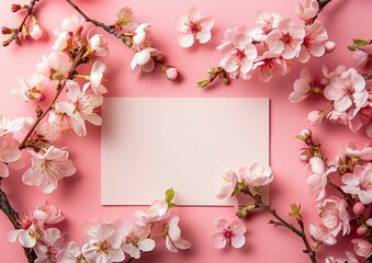 Spring Concept with Cherry Blossoms and Blank Card on Pink Background