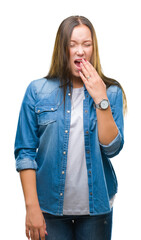 Young caucasian beautiful woman over isolated background bored yawning tired covering mouth with...