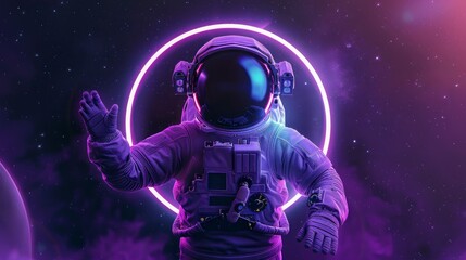 astronaut with neon circle background in space, futuristic style, neon, retro with starry background